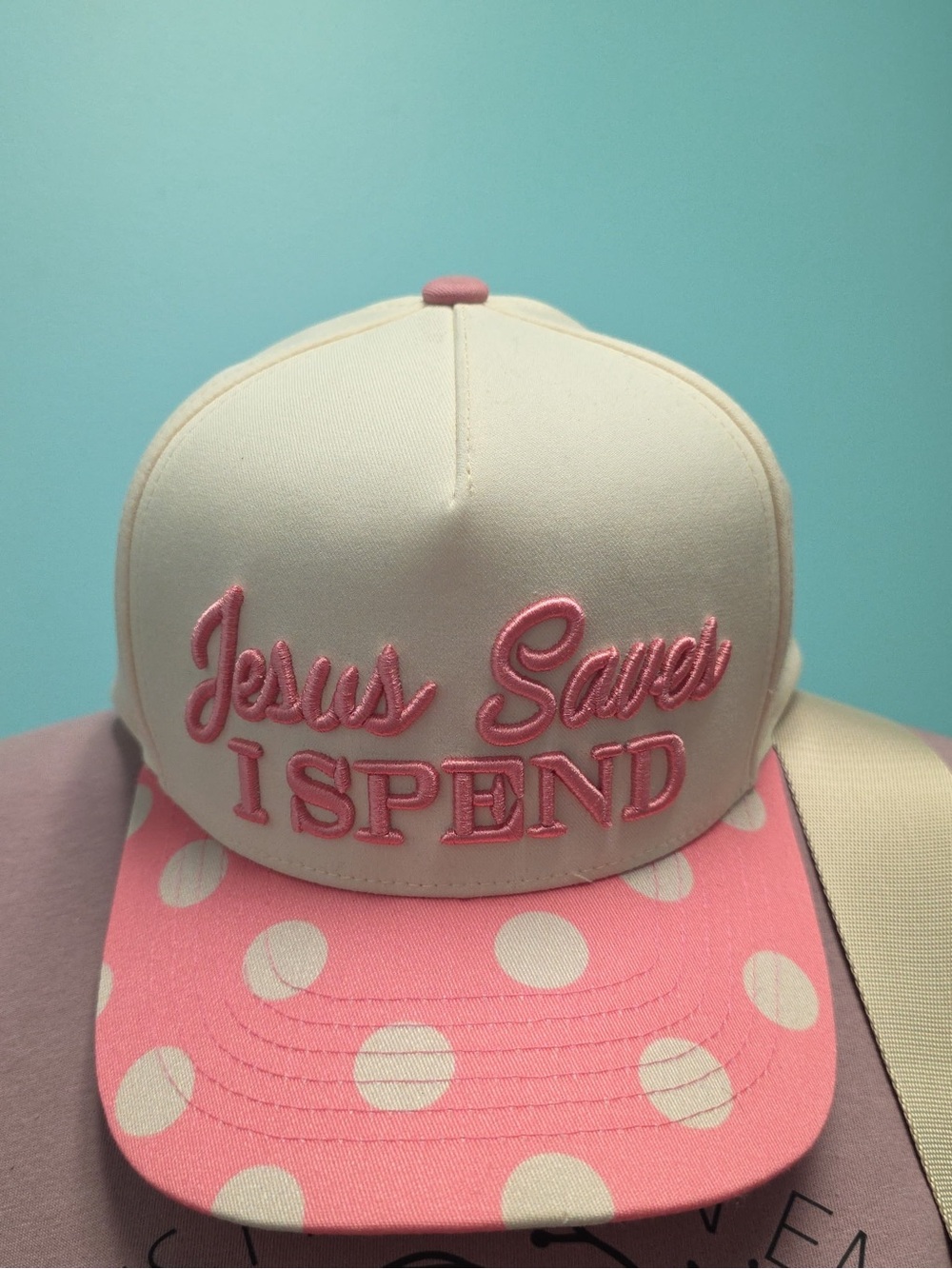 Pink & Cream 'Jesus Saves I Spend' Polka Dot Trucker Hat